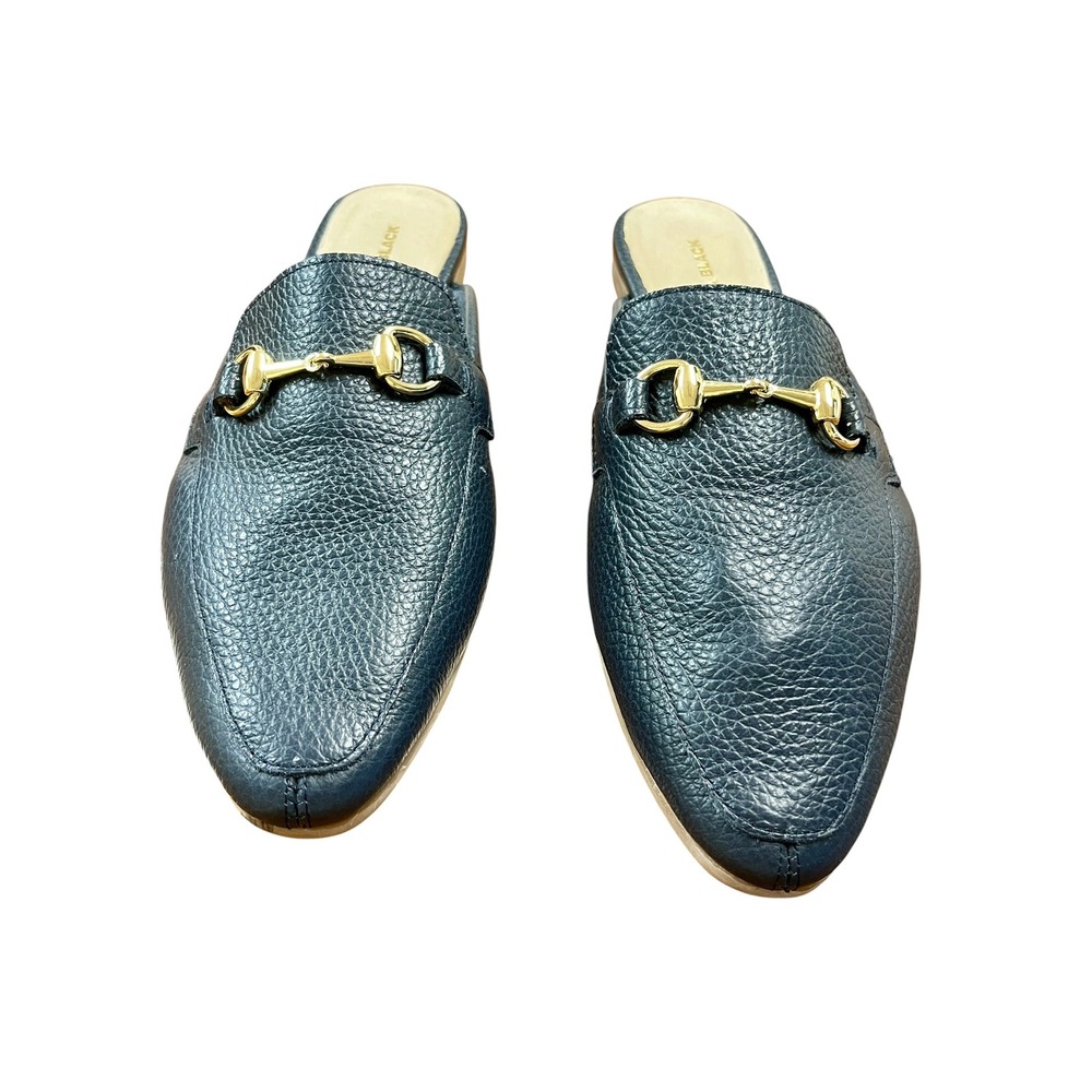 ALL BLACK Horsebit Loafer Mules 39.5 9 Navy Blue Leather Classic Luxury - Picture 6 of 9